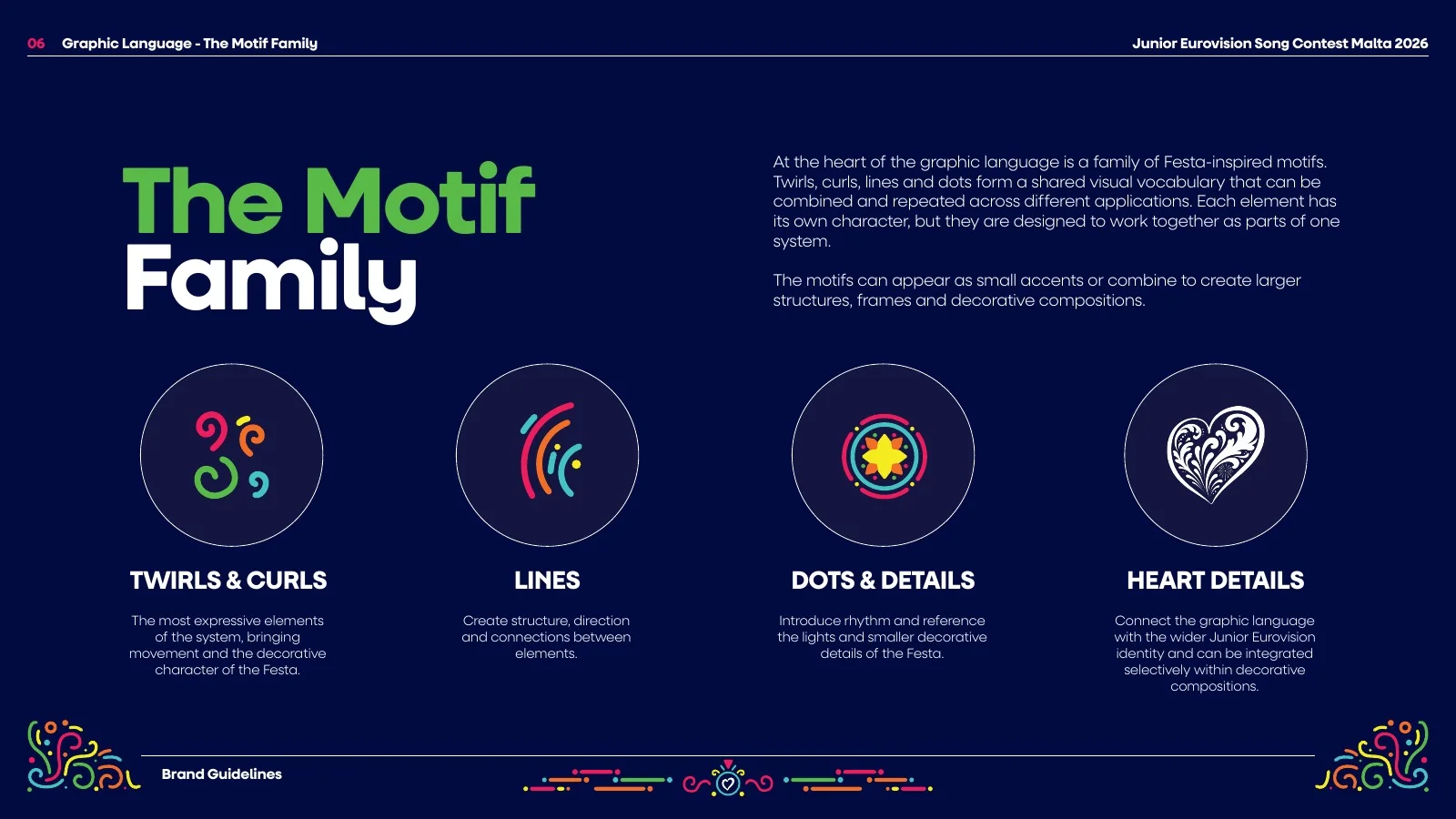 Brand guideline: the motif family of twirls, lines, dots and heart details