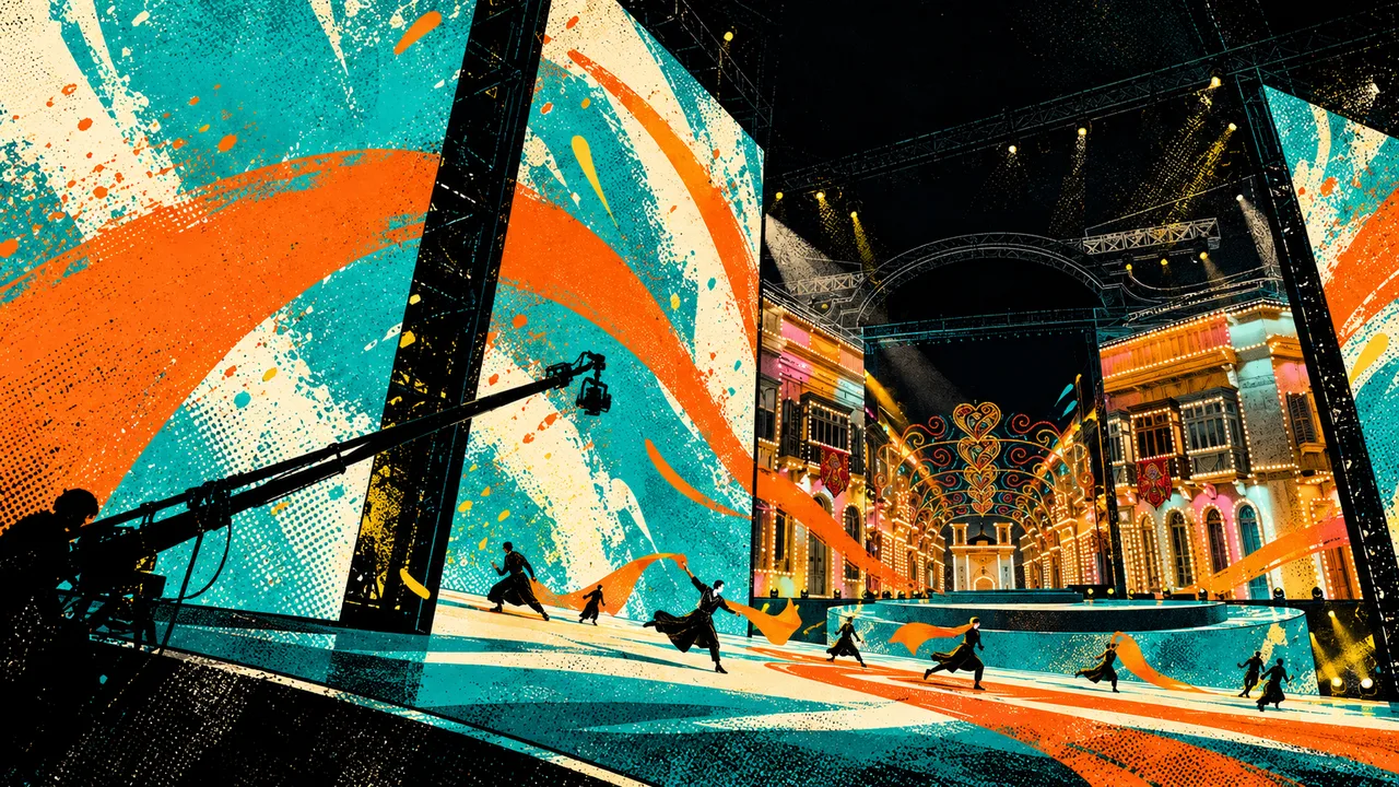 A production view of the stage with a camera crane and turquoise screens