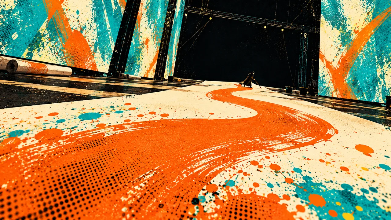 An orange painted path sweeping across a cream stage floor
