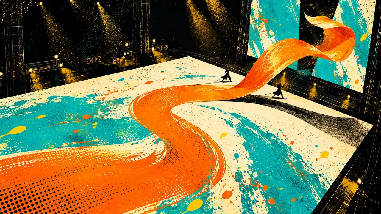 An orange ribbon lifting off the floor toward a performer