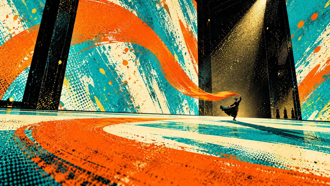 Performers and a ribbon of colour across the floor and vertical screens