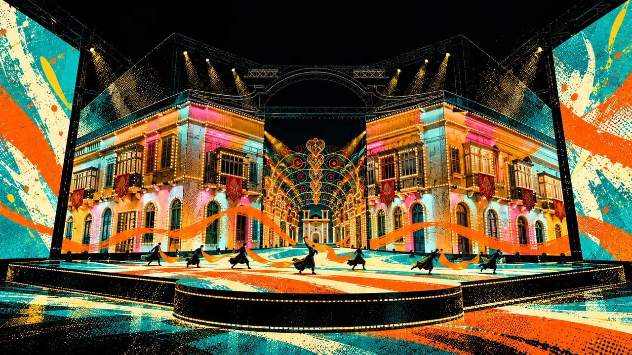 The whole stage with streetscape screens and a ring of performers