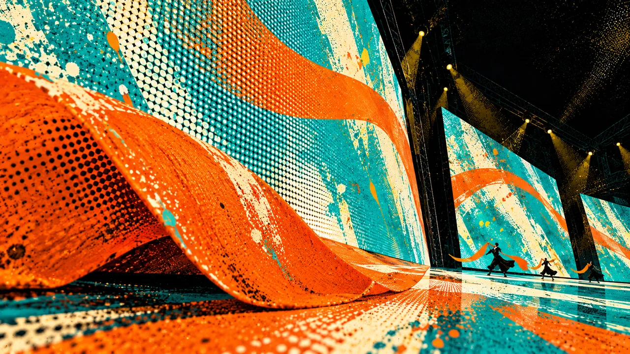 A close foreground ribbon beside an upright screen