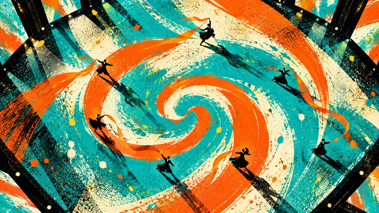 An overhead view of a spiral floor graphic with performers around it
