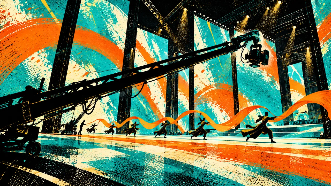 A production-side view with crane, screens and dancers