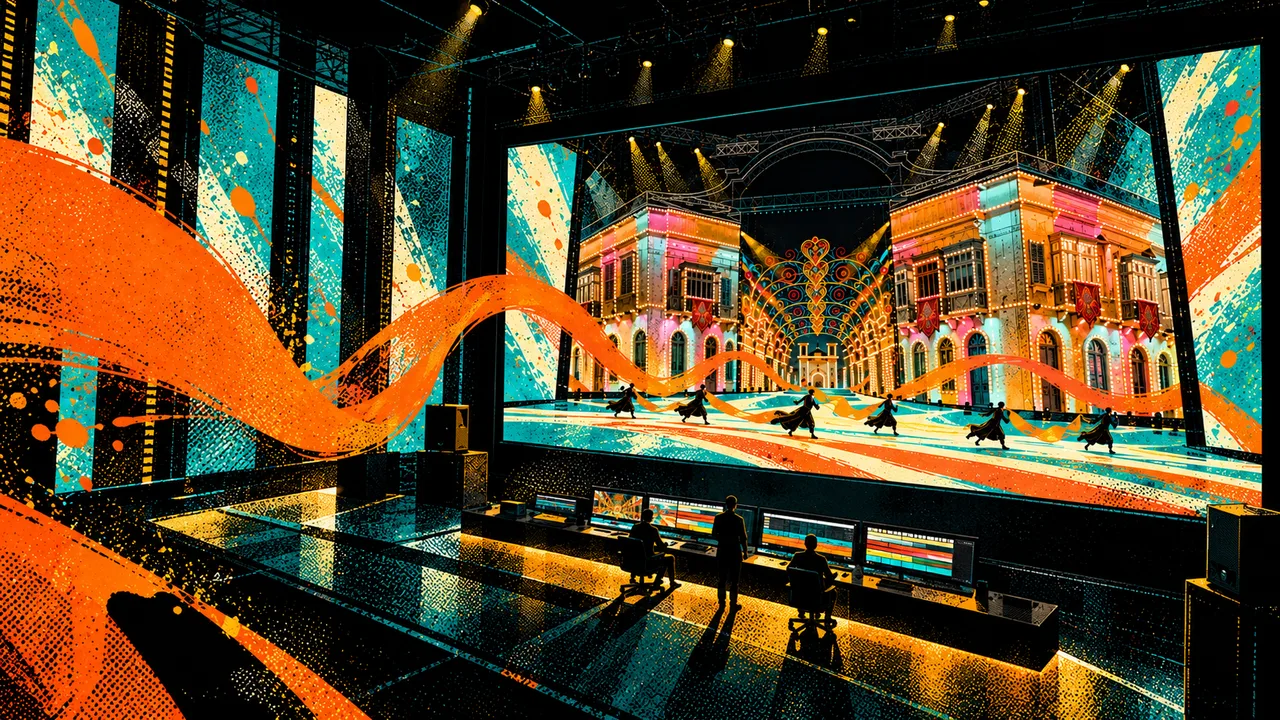 The orange gesture spanning the space beyond a production desk
