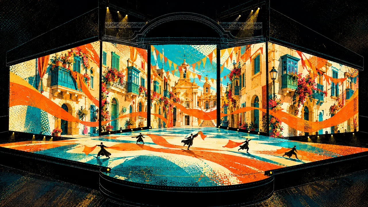 The full stage system: screens, floor graphic and performers