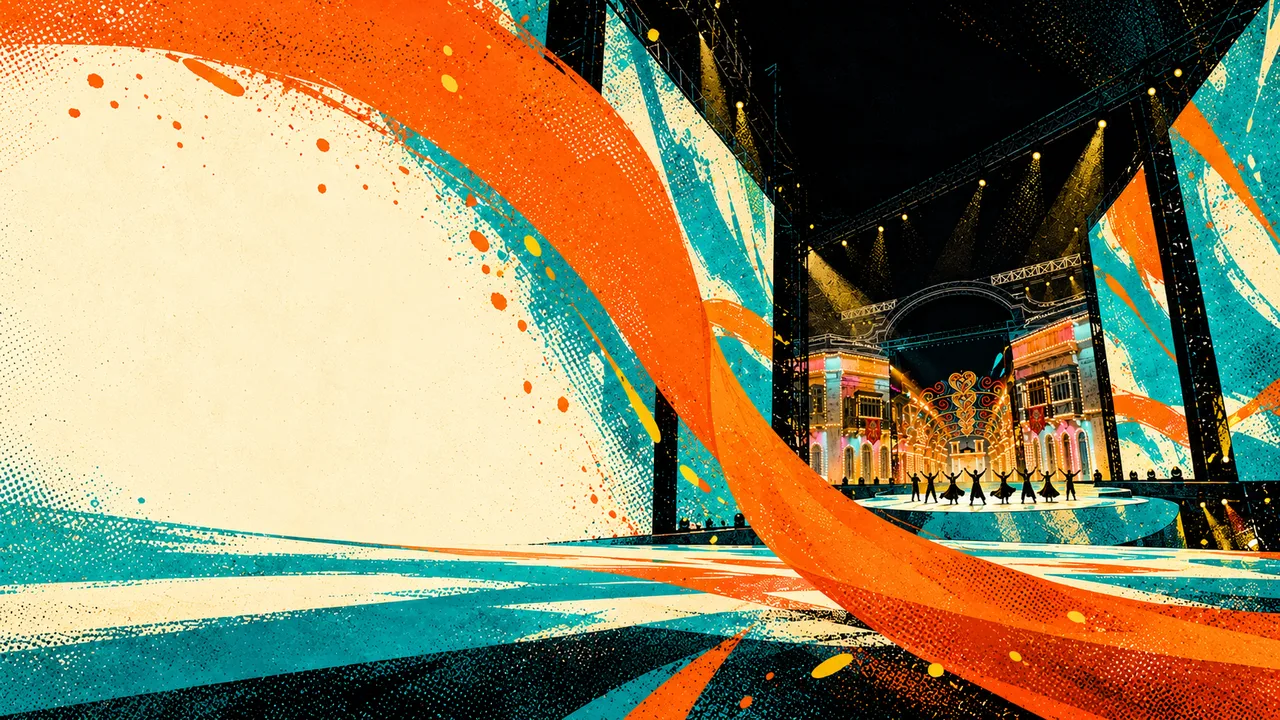 A bold orange sweep close to the viewer with the stage beyond
