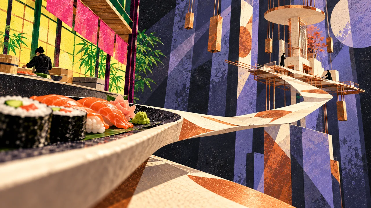 A sushi counter gives way to a cream path winding toward suspended platforms