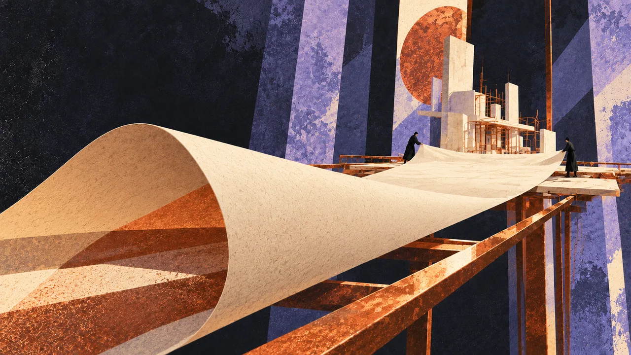 A broad paper-like path curls toward people working on a platform