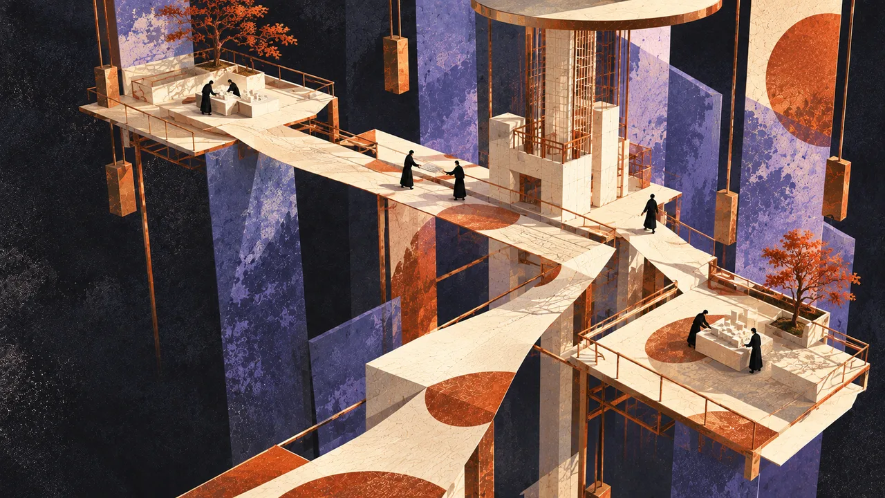 People and platforms linked by bridges in a lavender architectural world