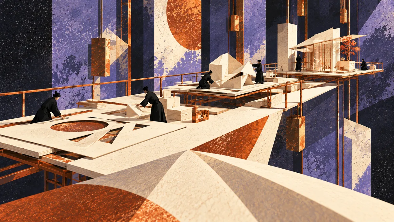 Figures arranging forms on a wide work surface