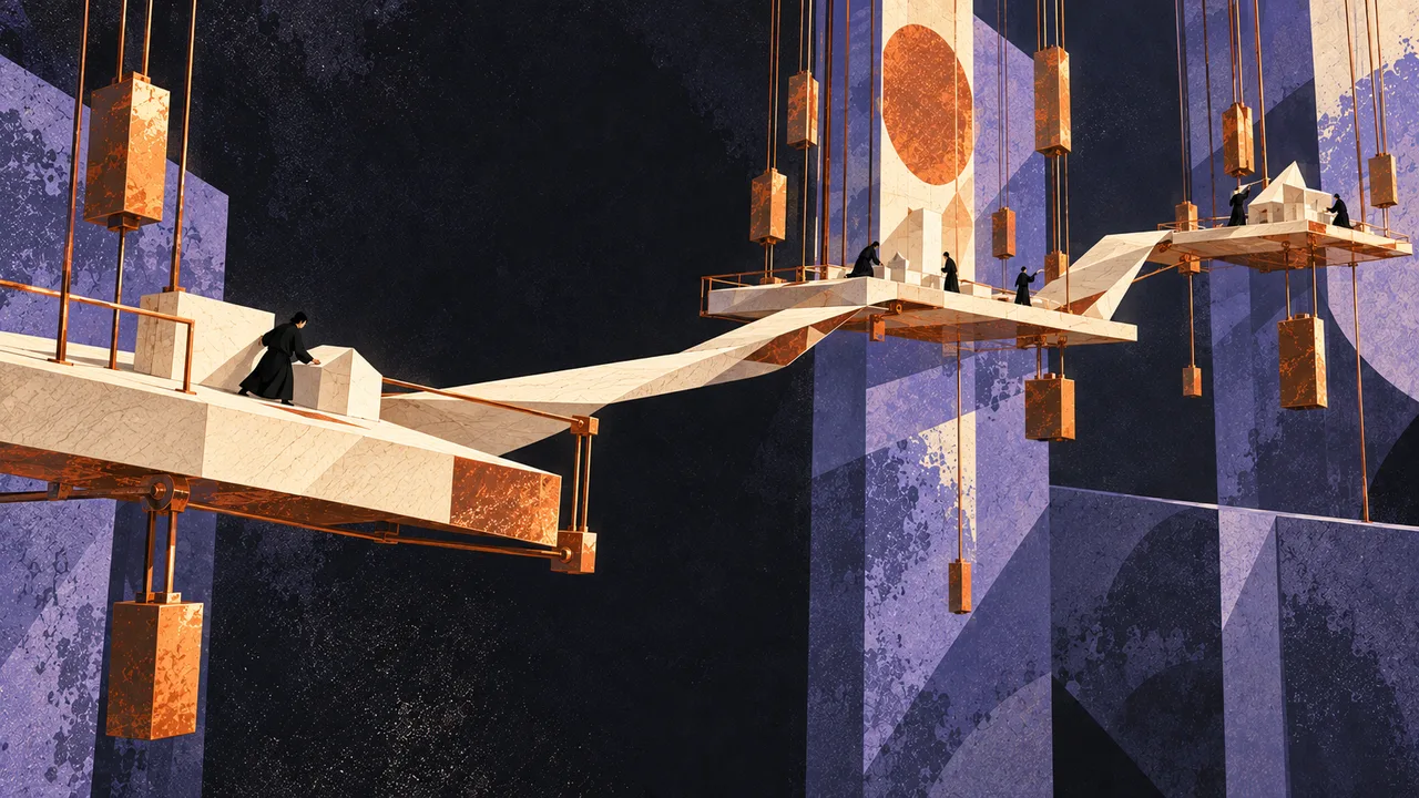 A cream bridge crossing dark space between platforms