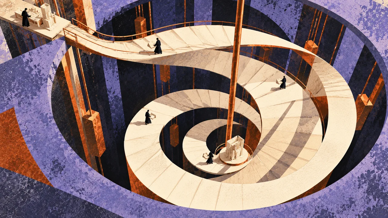 An overhead view of a spiral path with people moving along it
