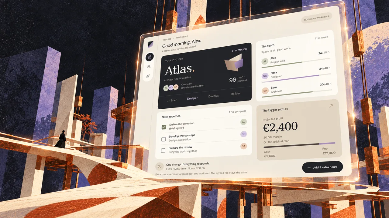 A workspace interface floating inside the architectural world
