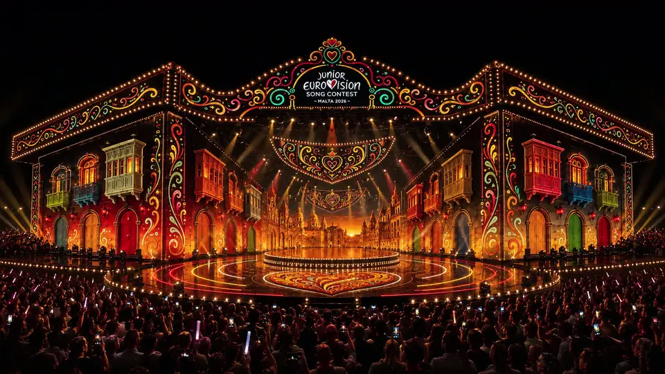 The whole stage from the back of the arena, fountains of sparks along the front