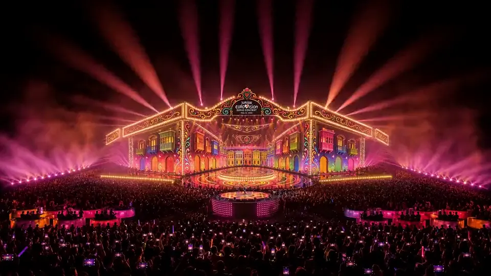 The stage from a high crane, pink beams fanning over the crowd