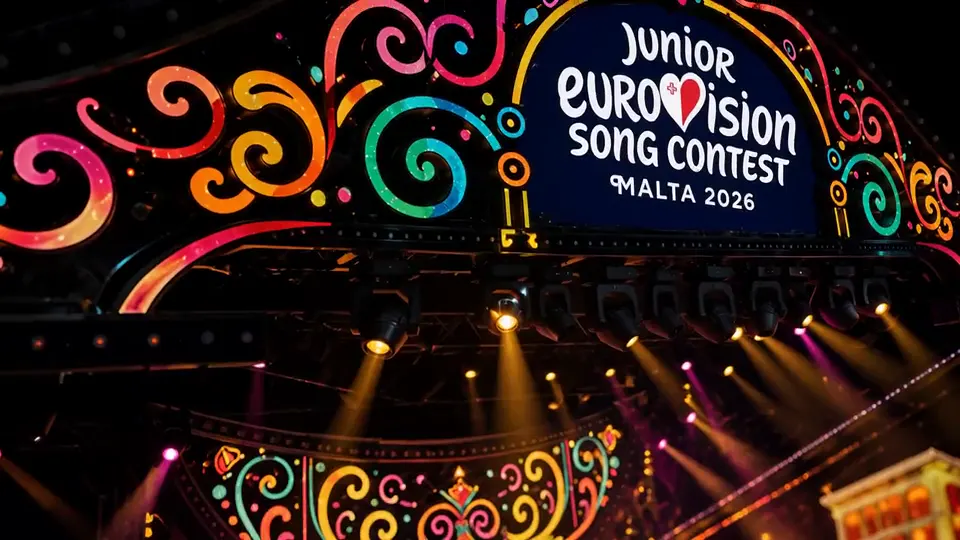 Close on the illuminated arch carrying the Junior Eurovision logo