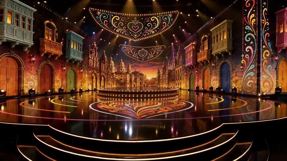 Low across the stage floor, its painted heart in light