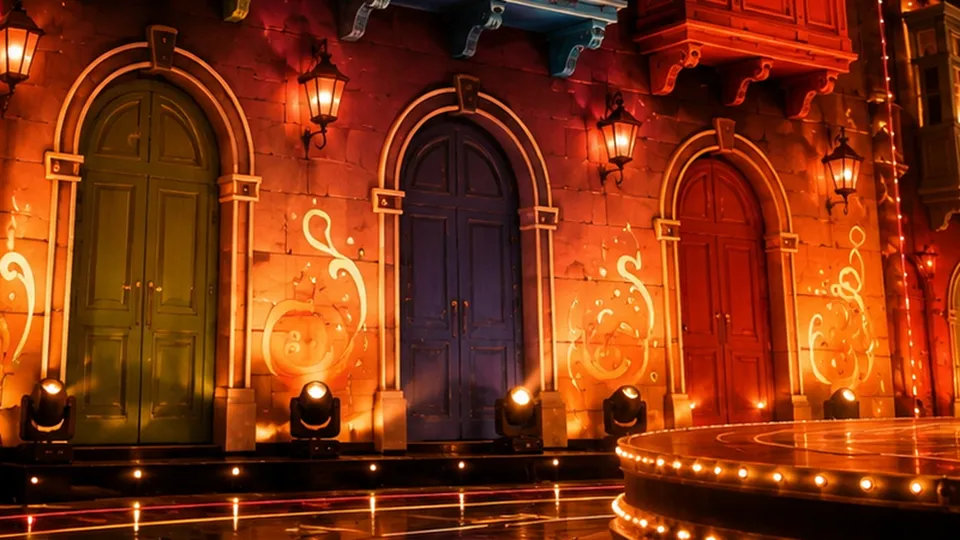Arched doorways in green, blue and red along the stage