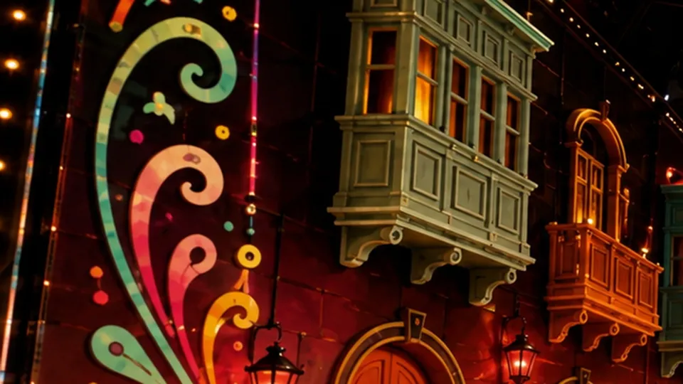 A painted filigree flourish beside a balcony